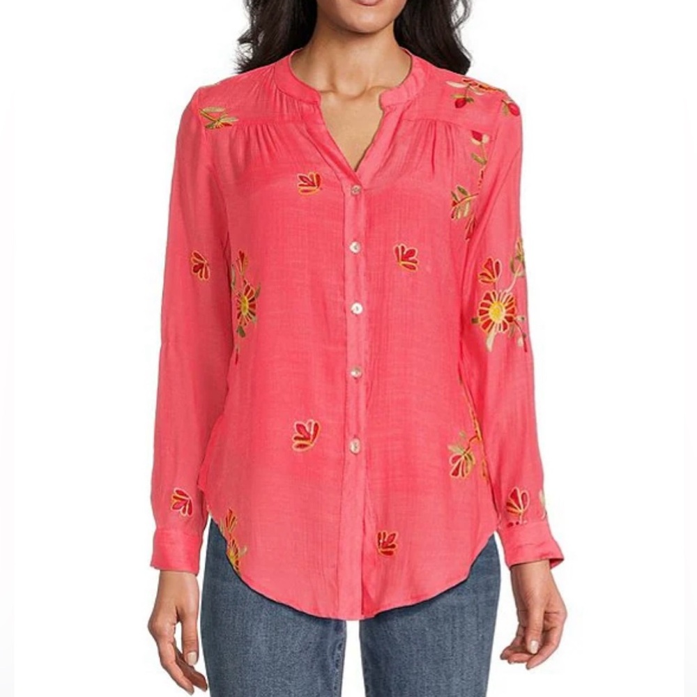 .Coral long sleeve blouse with embroidered flowers. Made of lightweight…